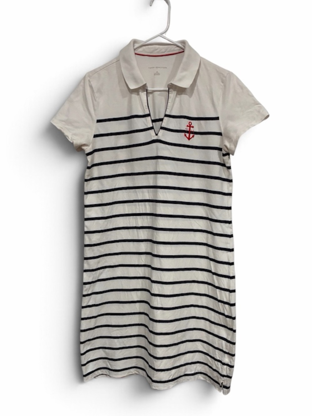 Tommy Hilfiger White and Navy Striped Polo Dress with Red Anchor